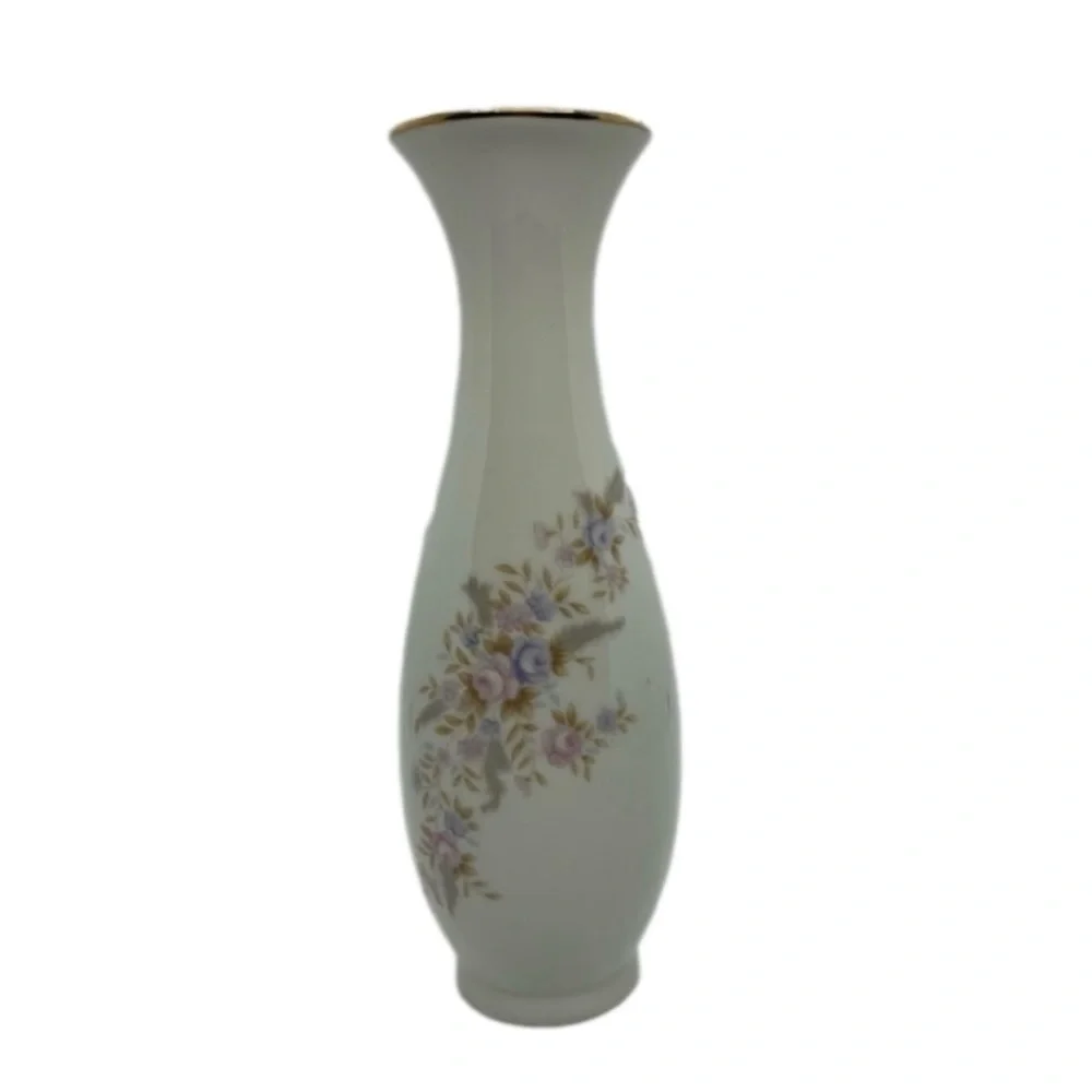 Lefton China Hand Painted Small Mouth Gold Trim 7” Floral Bud Vase #7053